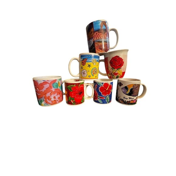 Set Of 7 Travel Destination Souvenir Mugs  Hawaii Orlando Key West  Ceramic Colo - Picture 1 of 16